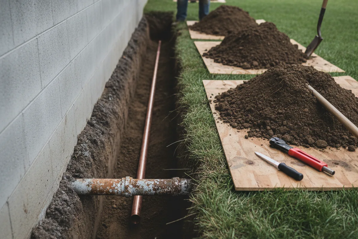 Excavated water line trench during Sewer Line Repair in Mesopotamia